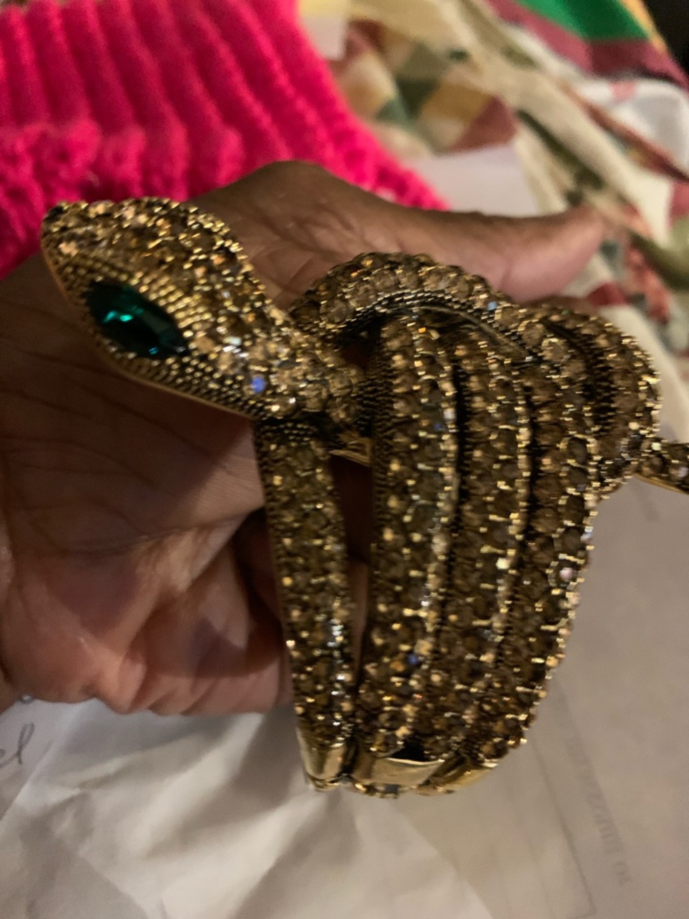 Rhinestone Snake Brooch with Green Emerald Eyes - Gold Tone